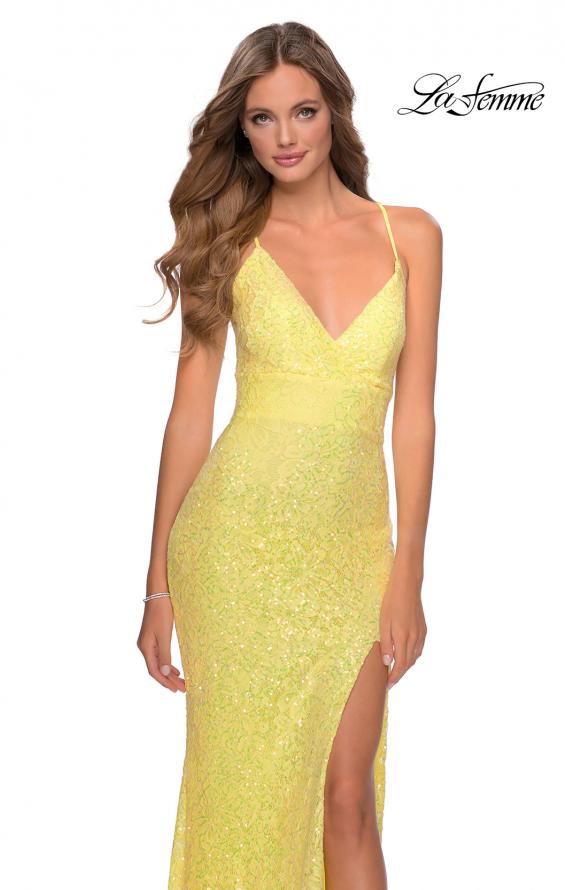 Picture of: Stretch Lace Dress with Lace Up Back and Rhinestones in Yellow, Style: 28632, Detail Picture 6
