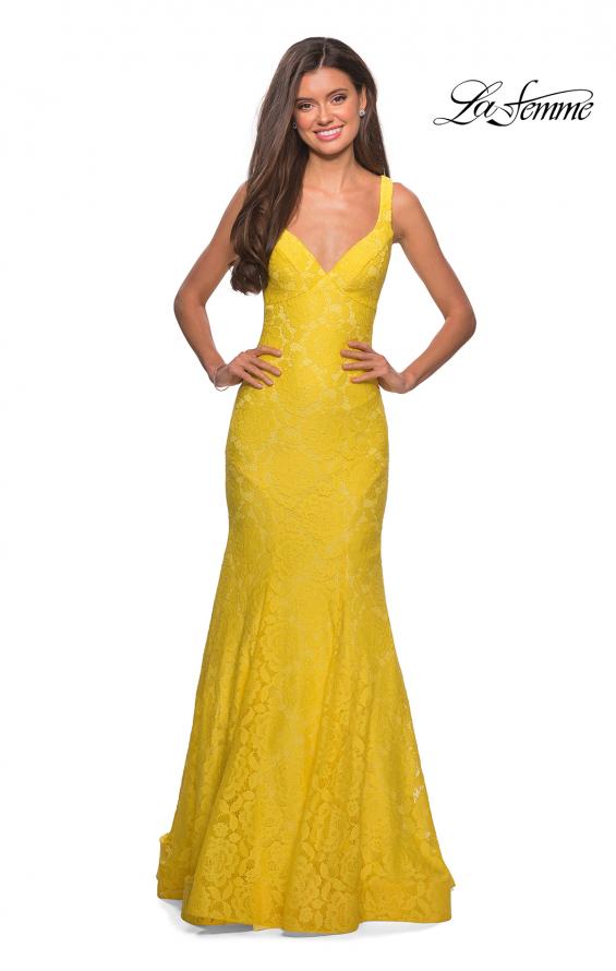 Picture of: Stretch Lace Long Dress with Open Strappy Back in Yellow, Style: 27623, Detail Picture 7