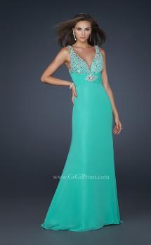 Picture of: Form Fitting Chiffon V Neck Dress with Beaded Bust in Green, Style: 17665, Main Picture