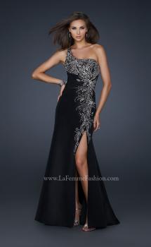 Picture of: One Shoulder Taffeta Gown with Embellishments and Slit in Black, Style: 17680, Main Picture