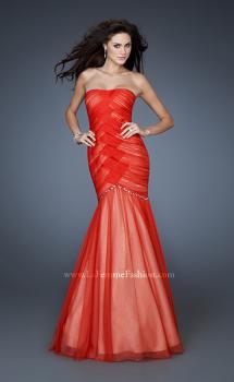 Picture of: Strapless Net Dress with Criss Cross Ruching and Stones in Orange, Style: 18282, Main Picture