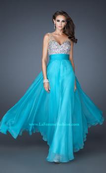 Picture of: A-line Chiffon Dress with Mesh Straps and Low V Back in Blue, Style: 18669, Main Picture
