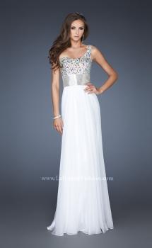 Picture of: Beaded Bodice Long Prom Dress with Belt Detail in White, Style: 18754, Main Picture