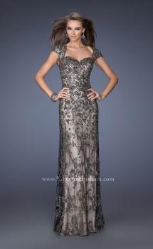Picture of: Long Beaded Prom Gown with Nude Underlay and Cap Sleeves in Black, Style: 19274, Main Picture