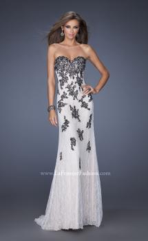 Picture of: Lace Column Prom Gown with Black Lace Appliques in White, Style: 20076, Main Picture