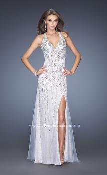 Picture of: V Neck Lace Prom Dress with Slit and Open Back in White, Style: 20421, Main Picture