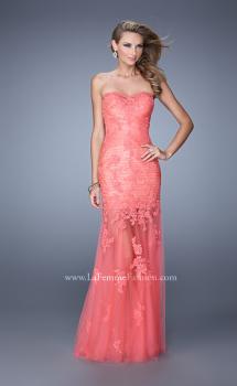 Picture of: Long Form Fitting Prom Dress with Sheer Tulle Skirt in Coral, Style: 20881, Main Picture