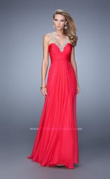 Picture of: Chiffon Low V Prom Dress with Embroidered Accents in Red, Style: 21207, Main Picture