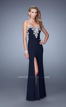 Picture of: Long Jersey Prom Dress with Metallic Embroidery and Slit in Navy, Style: 21292, Main Picture