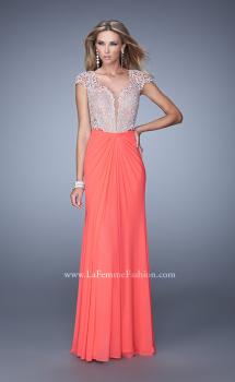 Picture of: Net Jersey Prom Dress with Plunging V Neckline in Coral, Style: 21294, Main Picture