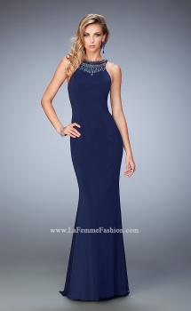 Picture of: Jersey Long Dress with Beaded Neckline and Open Back in Navy, Style: 22589, Main Picture