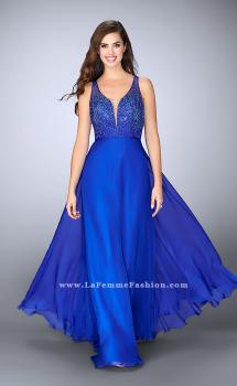Picture of: Chiffon A-line Dress with Beading and Deep V neckline in Blue, Style: 23304, Main Picture