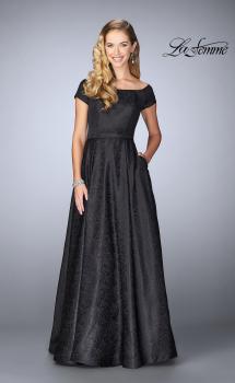 Picture of: Off The Shoulder Jacquard Gown With Small Sleeves in Black, Style: 24859, Main Picture