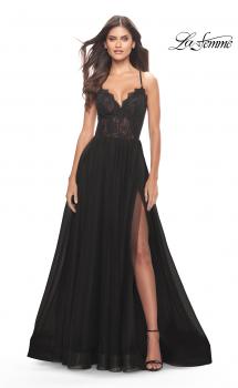 Picture of: Tulle Dress with Full Skirt and Sheer Lace Bodice in Black, Style: 31271, Main Picture