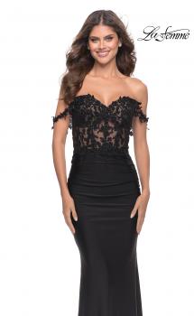 Picture of: Sheer Lace Bodice with Off the Shoulder Straps and Jersey Skirt Gown in Black, Style: 31314, Main Picture