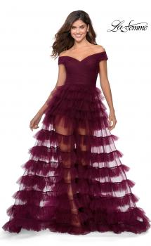 Picture of: Sheer Layered Tulle Off the Shoulder Prom Gown in Burgundy, Style: 28804, Main Picture