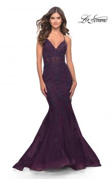 Picture of: Beautiful Mermaid Lace Applique Gown with Open Back in Dark Berry, Style: 31316, Main Picture