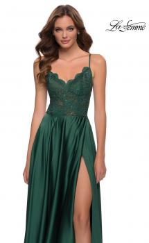 Picture of: Satin and Lace Prom Dress with Sheer Bodice in Emerald, Style 29760, Main Picture