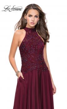 Picture of: Long A line Chiffon Dress with High Neck Lace Up Top in Garnet, Style: 25355, Main Picture