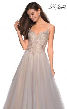 Picture of: Two Toned Long Tulle Gown with Embellished Bust in Gray/Nude, Style: 27674, Main Picture