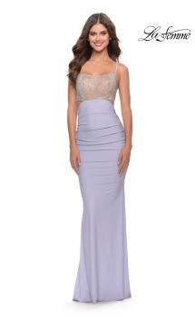 Picture of: Long Jersey Prom Dress with Rhinestone Sheer Bodice in Light Periwinkle, Style: 31338, Main Picture