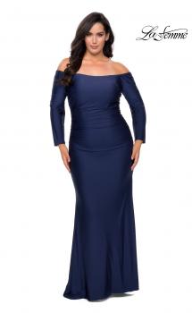 Picture of: Off The Shoulder Jersey Plus Size Long Sleeve Prom Gown in Navy, Style: 28881, Main Picture