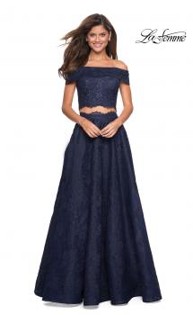 Picture of: Two Piece Off the Shoulder Lace Prom Dress in Navy, Style: 27028, Main Picture