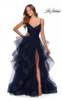 Picture of: Layered Tulle Prom Dress with V Shaped Neckline in Navy, Style: 28502, Main Picture