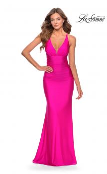 Picture of: Ruched Jersey Prom Dress with Strappy Lace Up Back in Neon Pink, Style: 28297, Main Picture