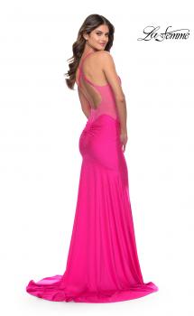 Picture of: Dramatic Rhinestone Dress with Sheer Details and Train in Bright Colors in Neon Pink, Style: 31403, Main Picture