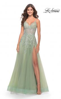 Picture of: Tulle A-Line Gown with Pretty Lace Applique Details in Sage, Style: 31393, Main Picture