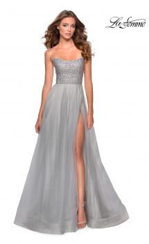 Picture of: Long Tulle Ball Gown with Beaded Bodice and Slit in Silver, Style: 28530, Main Picture