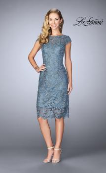 Picture of: Short Metallic Lace Dress with Sheer Top and Hem in Slate Blue, Style: 24861, Main Picture