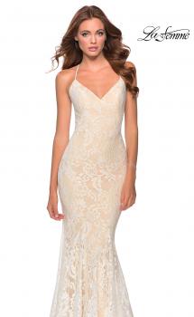 Picture of: Long Mermaid Lace Prom Dress with V Shaped Neckline in White/Nude, Style: 28504, Main Picture