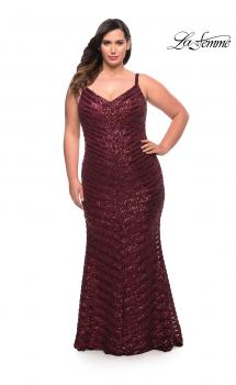 Picture of: Thick Line Sequin Print Plus Size Gown with V Neck in Wine, Style: 29622, Main Picture