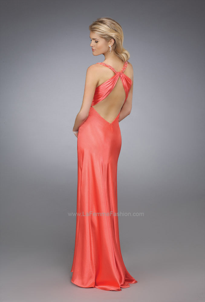 Picture of: V Neck Ruched Bodice Dress with Bedazzled Brooch in Red, Style: 12139, Back Picture