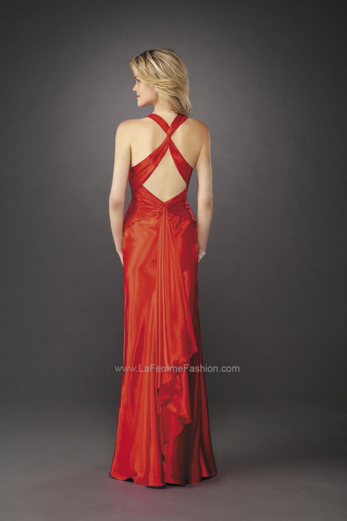 Picture of: Long Satin Prom Gown with V Neck and X Back in Red, Style: 12298, Back Picture