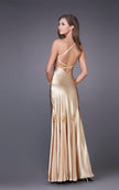 Picture of: Prom Gown with Twisted Bodice and Lace Detailing in Gold, Style: 12340, Back Picture