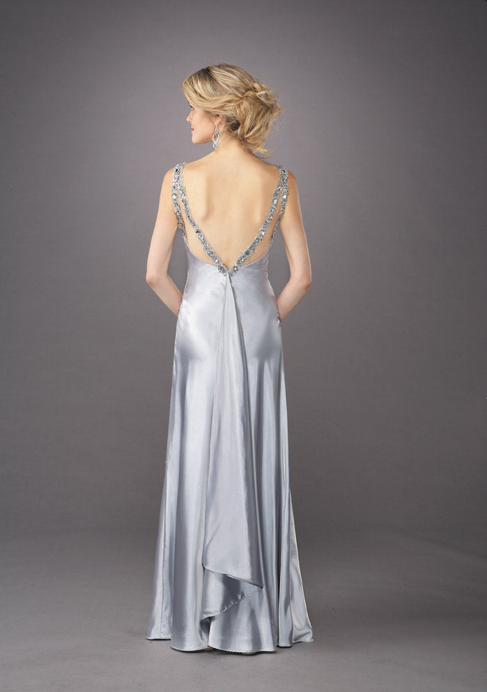 Picture of: Ruched Bodice A Line Prom Dress with Beaded Straps in Silver, Style: 12396, Back Picture
