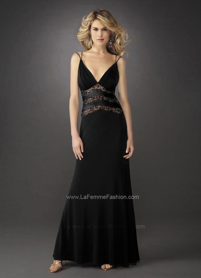 Picture of: Gathered Bodice V Neck Dress with Sheer Waist Detail in Black, Style: 13057, Main Picture