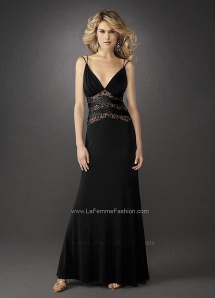 Picture of: Gathered Bodice V Neck Dress with Sheer Waist Detail in Black, Style: 13057, Main Picture