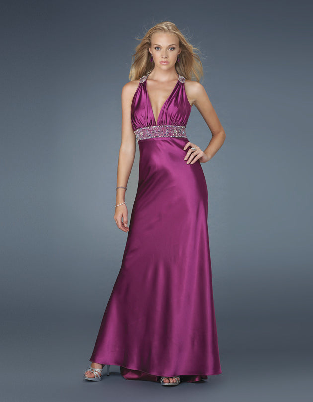 Picture of: Empire Waist Beaded Long Satin Prom Dress in Purple, Style: 13238, Main Picture