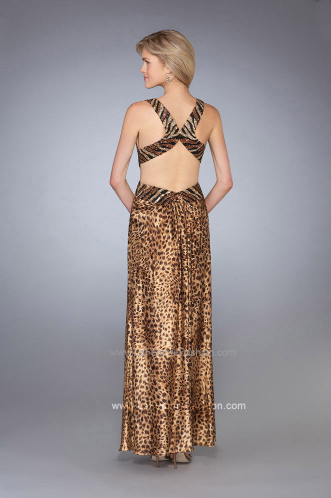 Picture of: Animal Print Prom Dress with V Neck and Cut Outs in Gold, Style: 13266, Back Picture