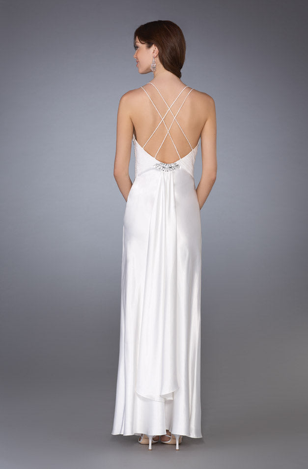 Picture of: Glam Gathered Bodice Gown with Criss Cross Straps in White, Style: 13308, Back Picture