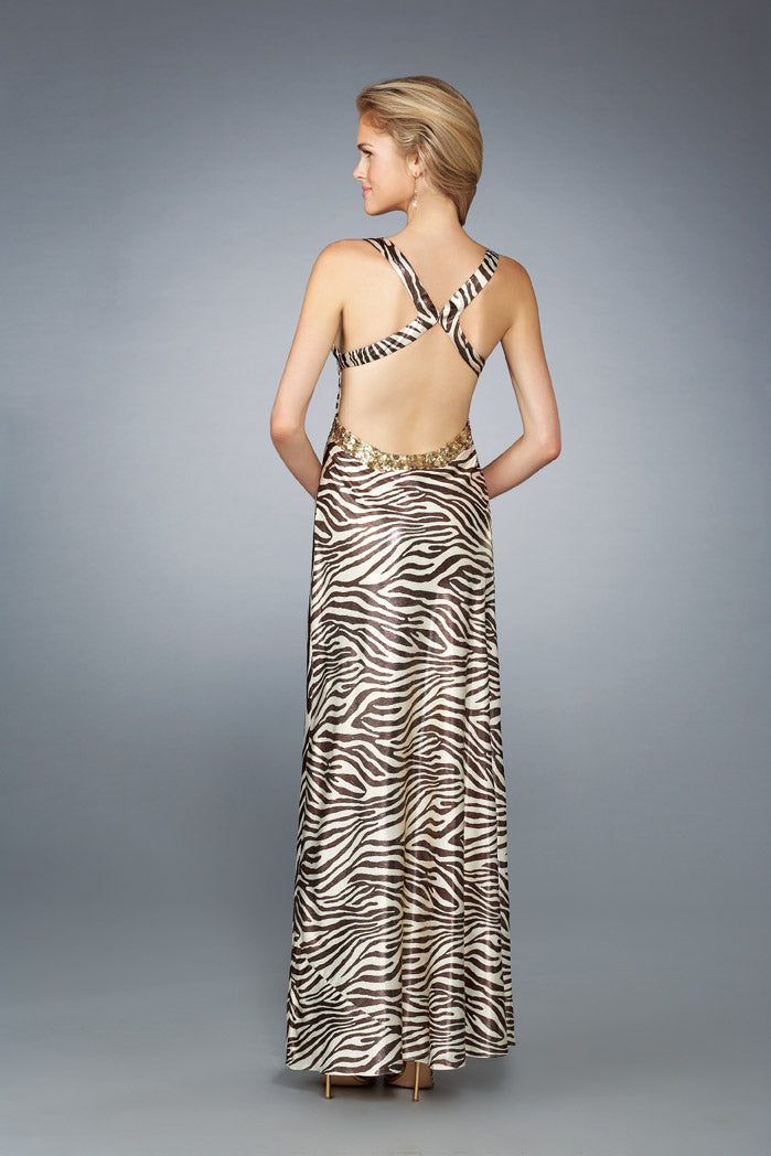 Picture of: Printed Low V Neckline Prom Dress with Criss Cross Back in Multi, Style: 13409, Detail Picture 1
