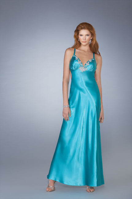 Picture of: V Neck Prom Gown with Beaded Neckline and Low Back in Blue, Style: 13417, Main Picture