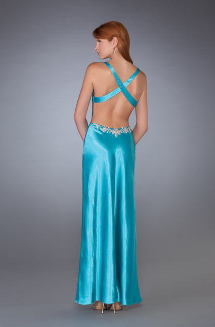 Picture of: V Neck Prom Gown with Beaded Neckline and Low Back in Blue, Style: 13417, Back Picture