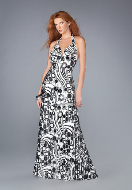 Picture of: Printed Halter Prom Dress with Low Scoop Back in Black White, Style: 13458, Main Picture