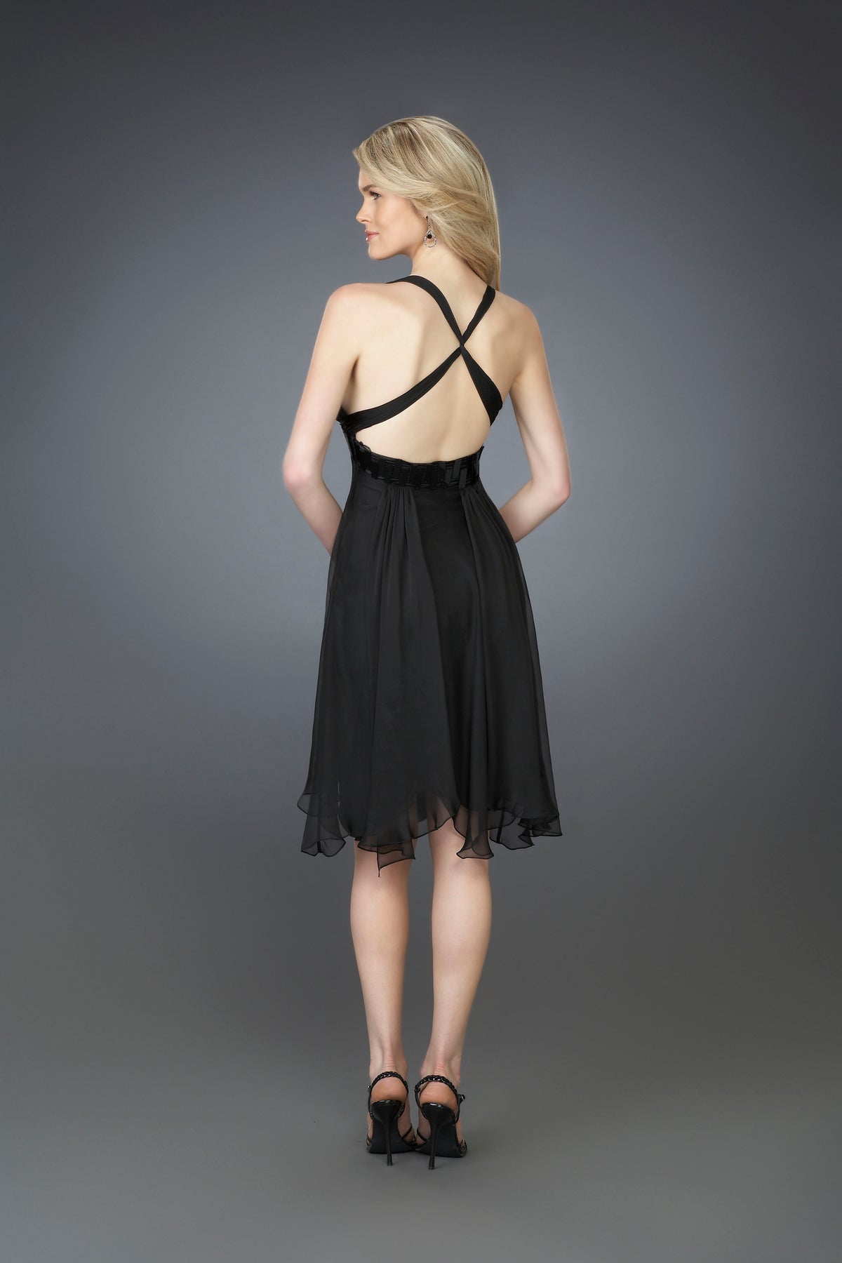 Picture of: Short Halter Cocktail Dress with Beaded Belt and Low Back in Black, Style: 14129, Back Picture