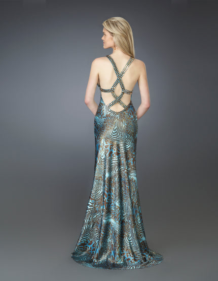 Picture of: Printed V Neck Dress with Thigh High Slit in Multi, Style: 14148, Back Picture